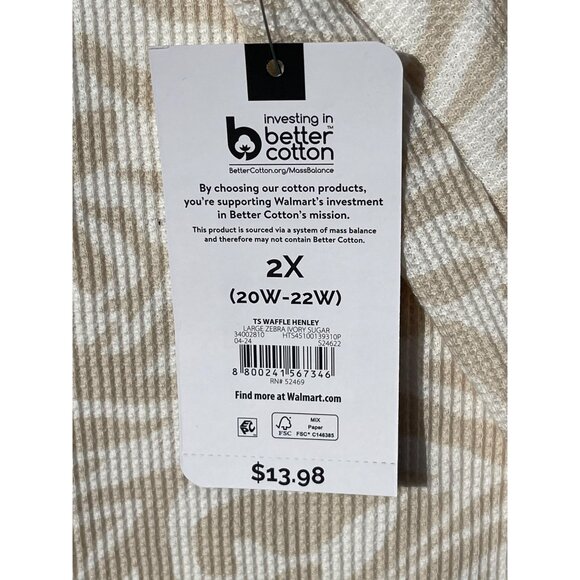 Terra & Sky Womens Plus Size 2X Beige & White Zebra Print Waffle Knit Henley Top - Picture 4 of 5